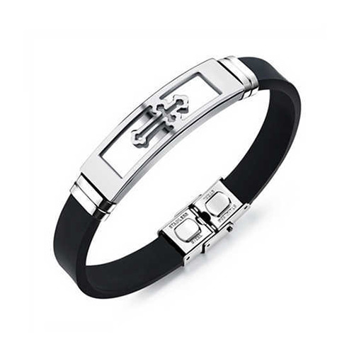 PandaHall Genuine Silicone Cord Bracelets, Men's Bracelets, with Stainless Steel, Cross, Stainless Steel Color, 200mm(7.87") Silicone Black