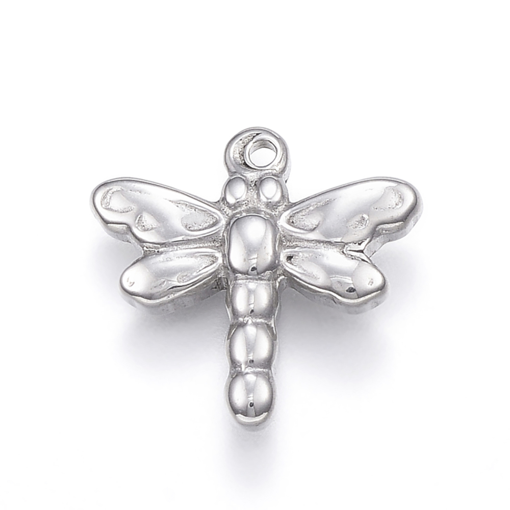 PandaHall 304 Stainless Steel Charms, Dragonfly, Stainless Steel Color, 15x16x3.5mm, Hole: 1mm Stainless Steel Dragonfly