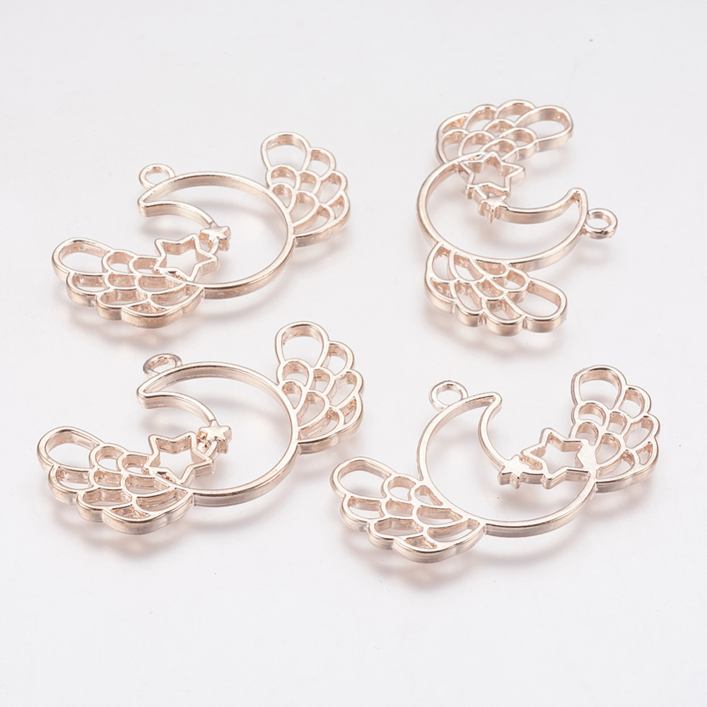 PandaHall Alloy Open Back Bezel Pendants, For DIY Resin, Pressed Flower Jewelry, Moon with Wing, Rose Gold, 25x41x2mm, Hole: 3mm Alloy Moon