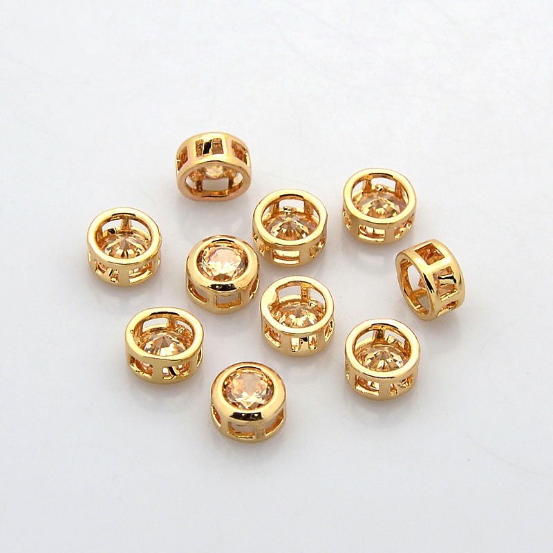 PandaHall Real Gold Plated Brass Rhinestone Beads, Flat Round, Light Peach, 7x4mm, Hole: 2x2mm Brass+Rhinestone Flat Round