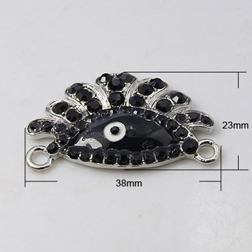 PandaHall Zinc Alloy Grade A Rhinestone Links, with Enamel, Evil Eye, Platinum, Jet, 38x23x5mm, Hole: 3mm Alloy Rhinestone+Enamel Eye