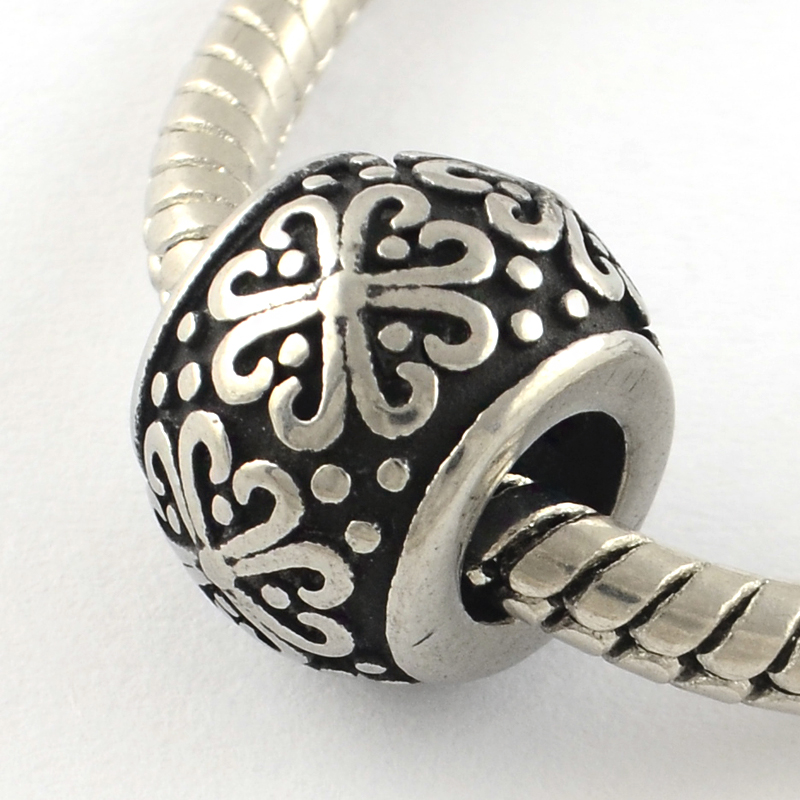 PandaHall Vintage 316 Stainless Steel European Beads, Large Hole Beads, Rondelle with Flower, Antique Silver, 11x9mm, Hole: 5mm Stainless...