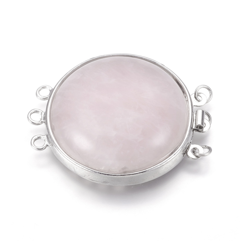 PandaHall Natural Rose Quartz Box Clasps, Multi-Strand Clasps, with Platinum Tone Brass Findings, Flat Round, 39.5~40x32x10~11mm, Hole: 2mm...