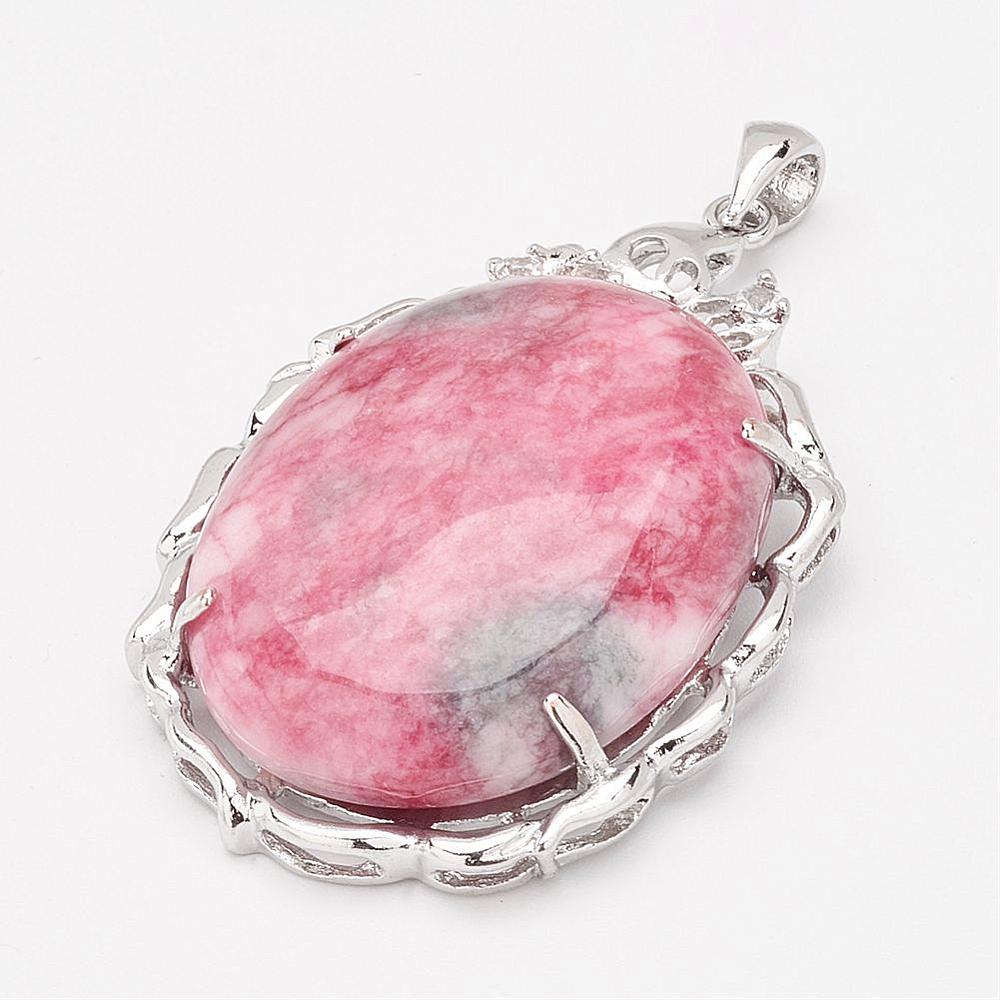 PandaHall Natural Jade Pendants, with Platinum Tone Brass Findings, Oval, 59x36x11mm, Hole: 4x7mm Jade Oval Pink