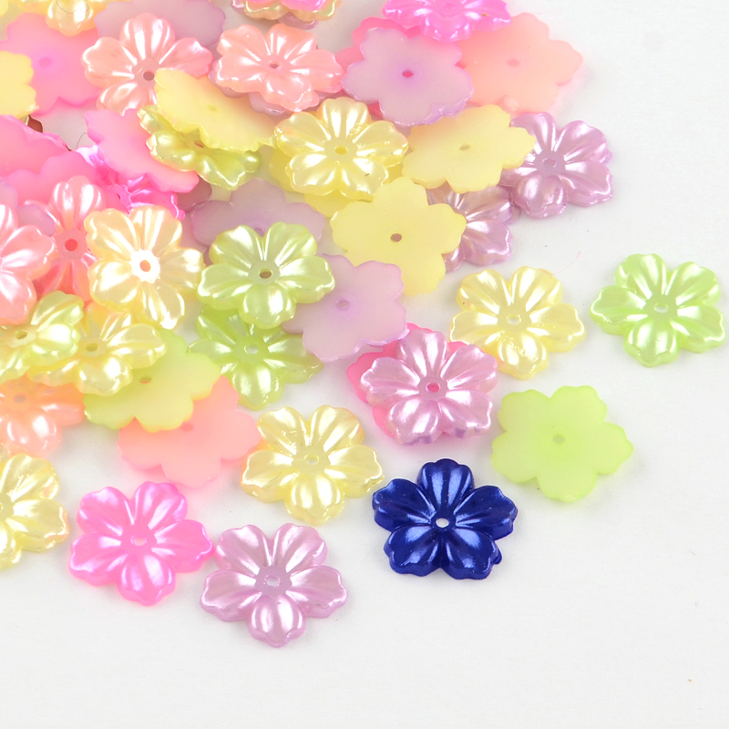 PandaHall 5-Petal ABS Plastic Imitation Pearl Bead Caps, Flower, Mixed Color, 12x13x1.5mm, Hole: 1mm; about 1000pcs/bag ABS Plastic Flower...