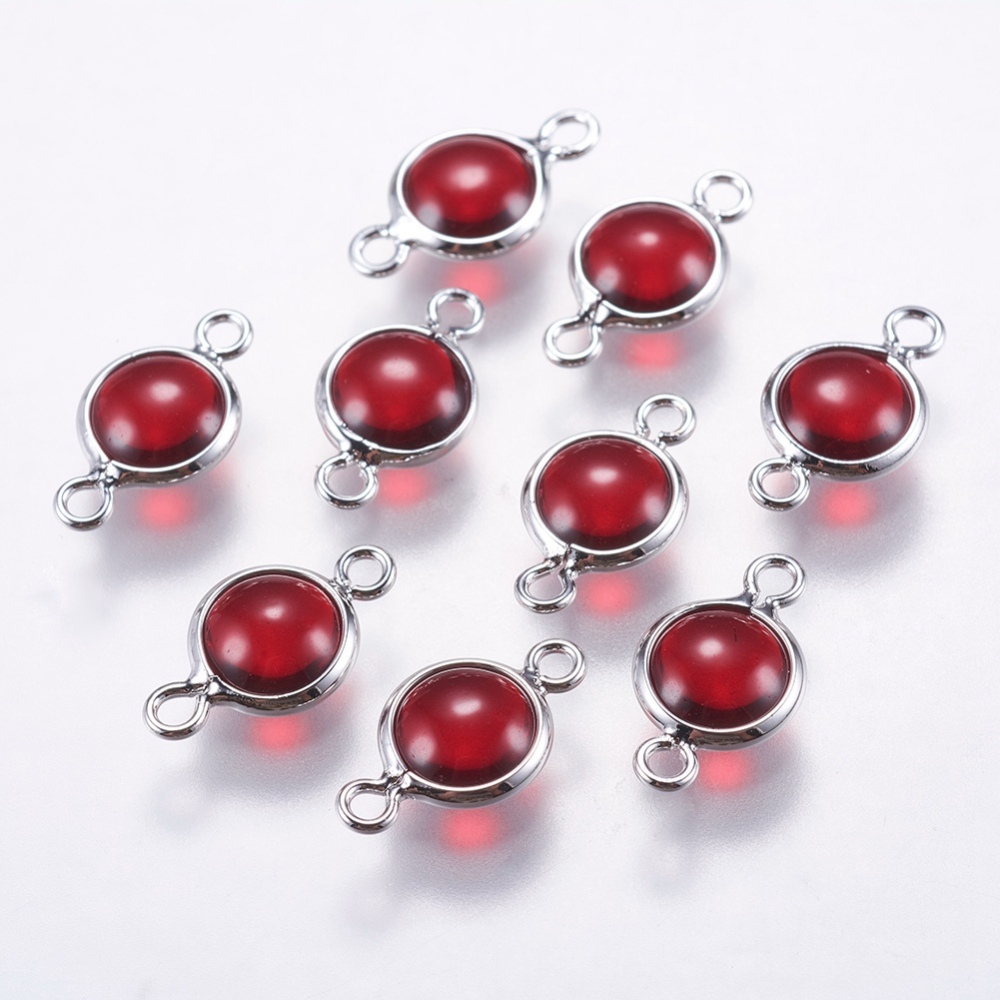 PandaHall Glass Links, with Brass Findings, Flat Round, Real Platinum Plated, 12x7x3mm, Hole: 1mm Brass Flat Round Red