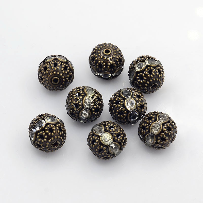 PandaHall Brass Rhinestone Round Beads, Grade A, Nickel Free, Antique Bronze, Crystal, 12mm in diameter, Hole: 1.5mm Brass+Rhinestone Round