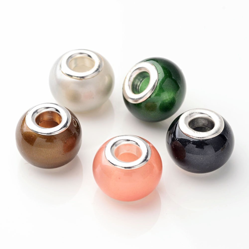 PandaHall Mixed Large Hole Rondelle Glass European Beads, with Silver Plated Brass Double Cores, 15x12mm, Hole: 5mm Glass+Brass Core...