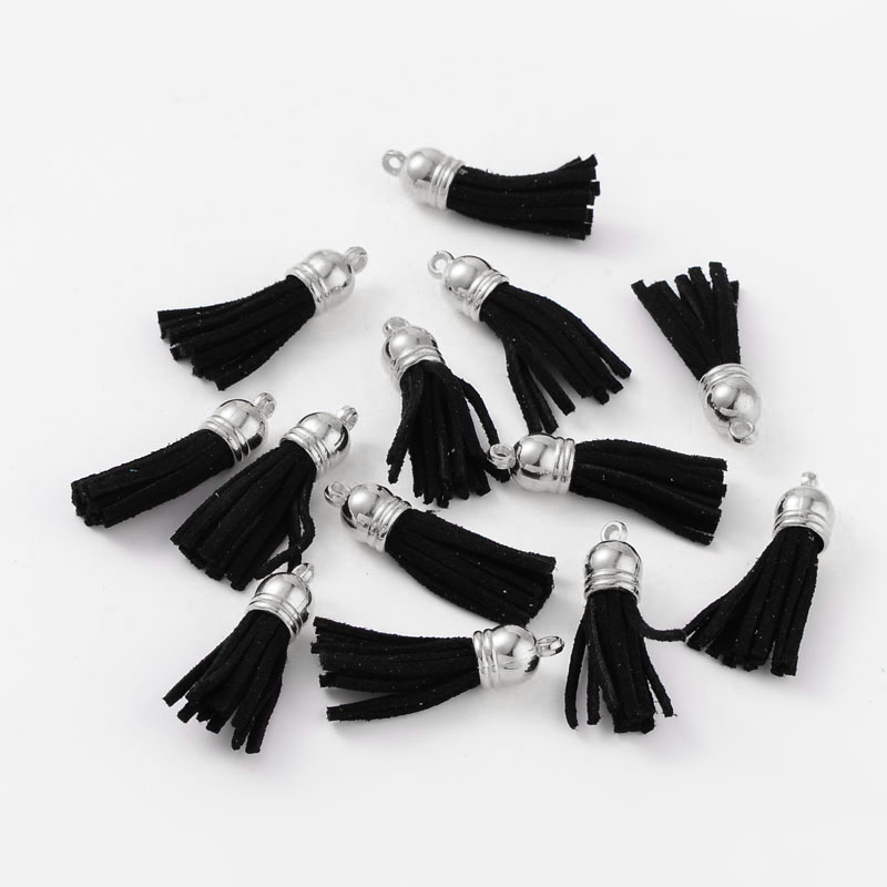 PandaHall Suede Tassels, with CCB Plastic Findings, Nice for DIY Earring or Cell Phone Straps Making, Black, 38x10mm, Hole: 2mm Suede Silver