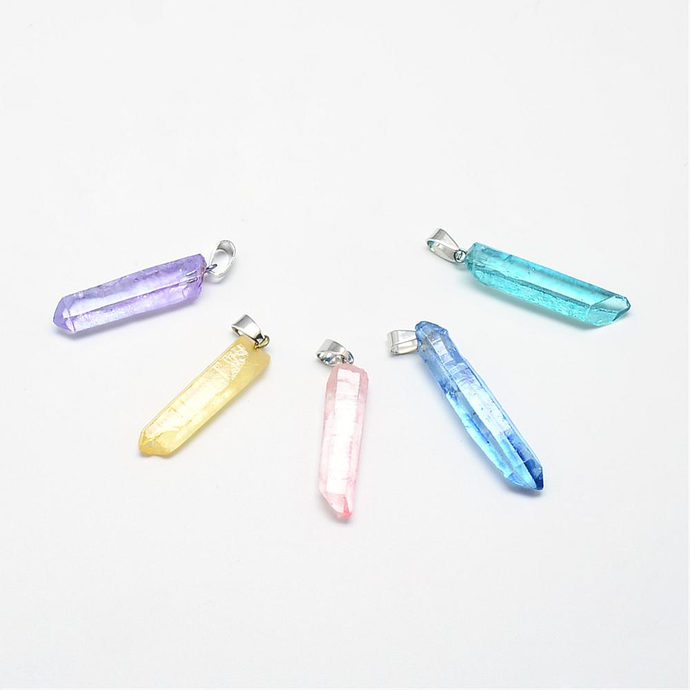 PandaHall Natural Quartz Crystal Pendants, with Platinum Tone Iron Findings, Bullet, Mixed Color, 35~42x8.5~9.5x7~7.5mm, Hole: 4x6mm Quartz...