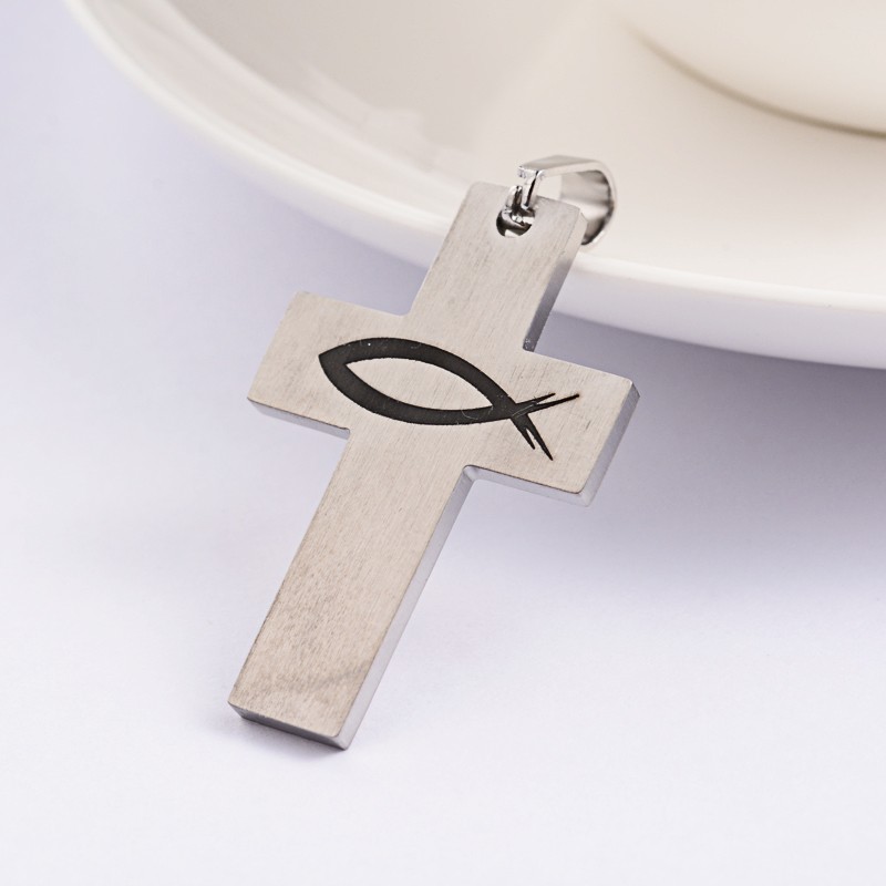 PandaHall Cross with Fish 304 Stainless Steel Enamel Pendants, Stainless Steel Color, 35x22.5x2mm, Hole: 4x6mm Stainless Steel+Enamel Cross