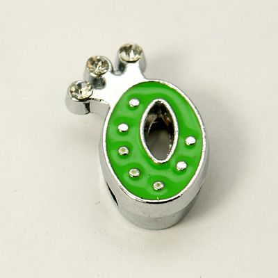 PandaHall Alloy Enamel Rhinestone Slide Charms, Letter, Platinum Metal Color, Letter.O, Green, 17x10x4mm, Hole: 1x8mm Alloy+Enamel Green