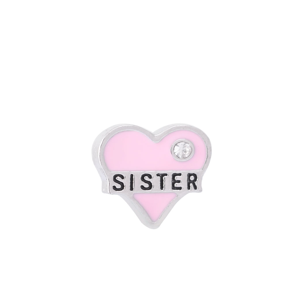 PandaHall Alloy Enamel Cabochons, Floating Locket Charms, Heart with Word Sister, PearlPink, 8.6x8.9x2mm Alloy Heart Pink