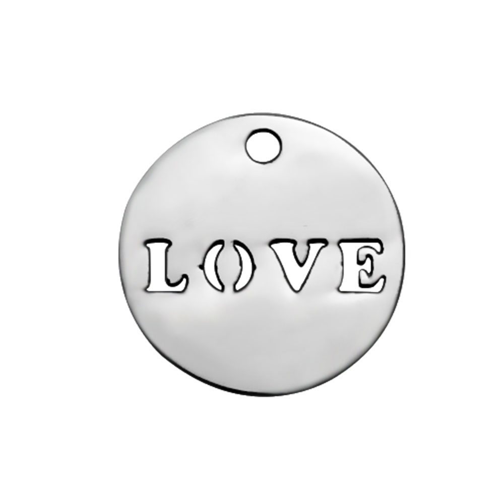 PandaHall 304 Stainless Steel Charms, Flat Round with Word Love, Stainless Steel Color, 12x1mm, Hole: 1mm Stainless Steel Flat Round