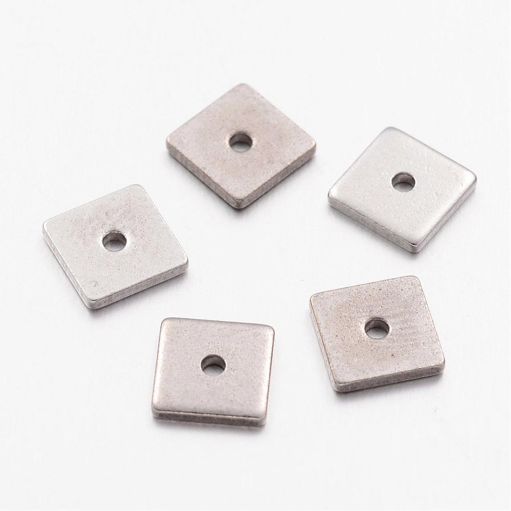 PandaHall 304 Stainless Steel Bead Spacers, Square, Stainless Steel Color, 6x6x1mm, Hole: 0.5mm Stainless Steel Square