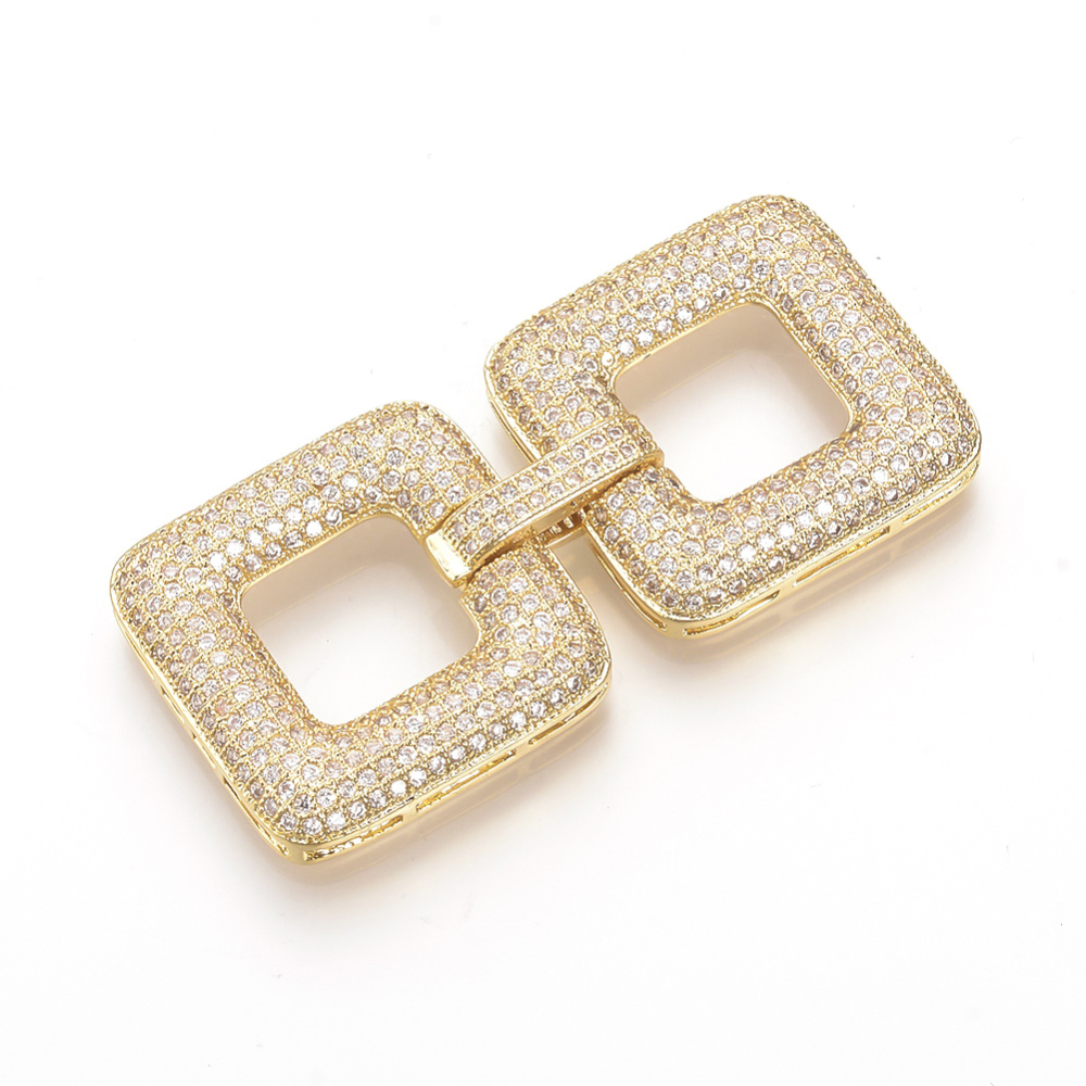 PandaHall Brass Micro Pave Cubic Zirconia Fold Over Clasps, Square, Golden, 50x24x5mm, Hole: 11x11mm Brass+Cubic Zirconia