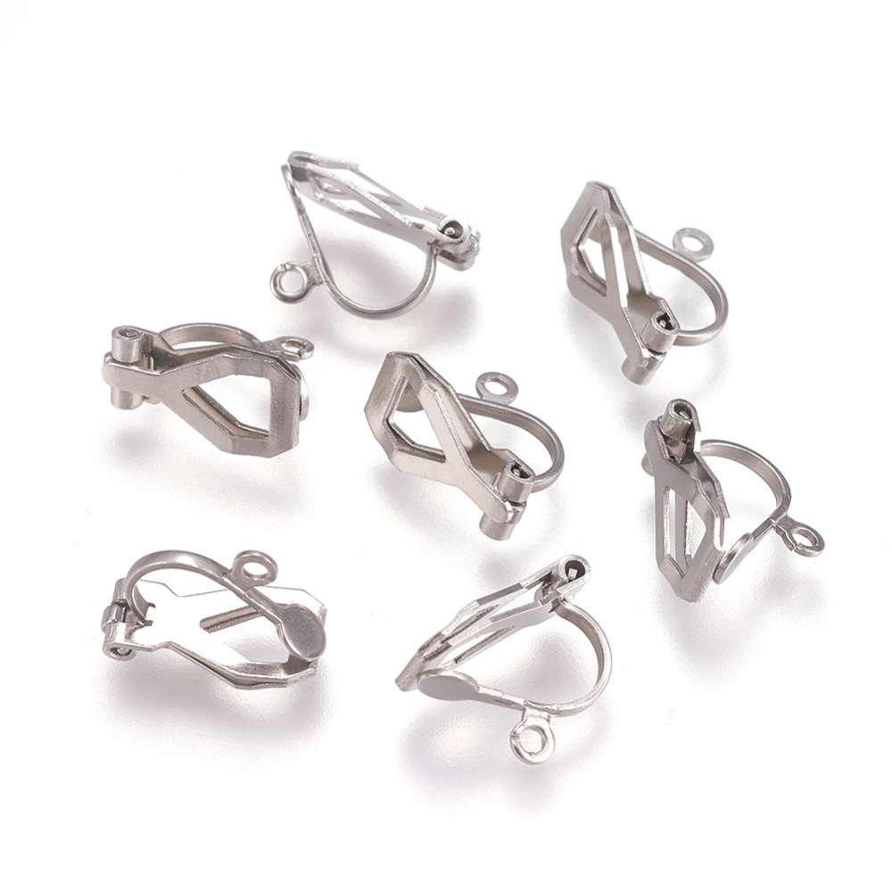 PandaHall 304 Stainless Steel Clip-on Earring Findings, Stainless Steel Color, 12x6x9mm, Hole: 1.2mm Stainless Steel