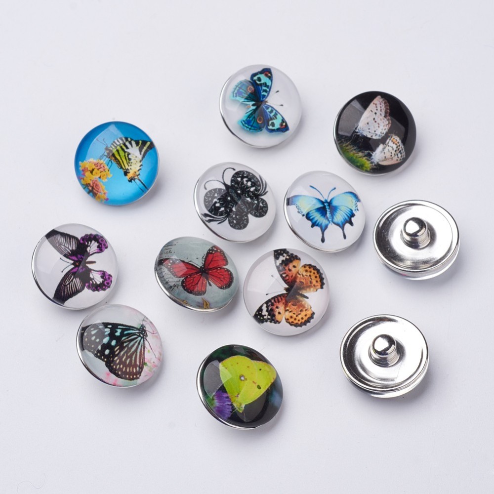 PandaHall Mixed Color Butterfly Pattern Zinc Alloy Jewelry Snap Buttons for Real Bracelets, with Flat Round Glass Cabochons, Platinum...