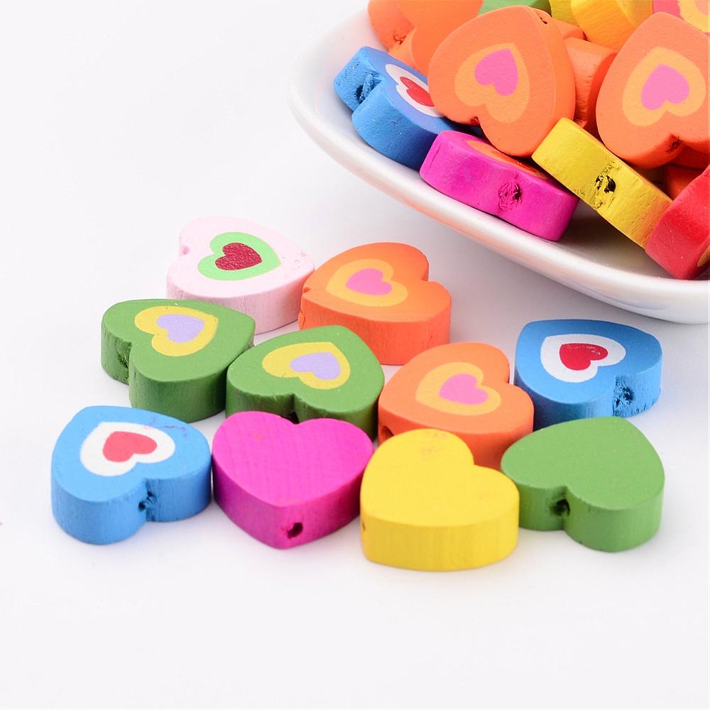 PandaHall 50PCS Mixed Lead Free Wood Heart Beads, Dyed, 17x18x6mm, Hole: 1.5mm Wood Heart Multicolor