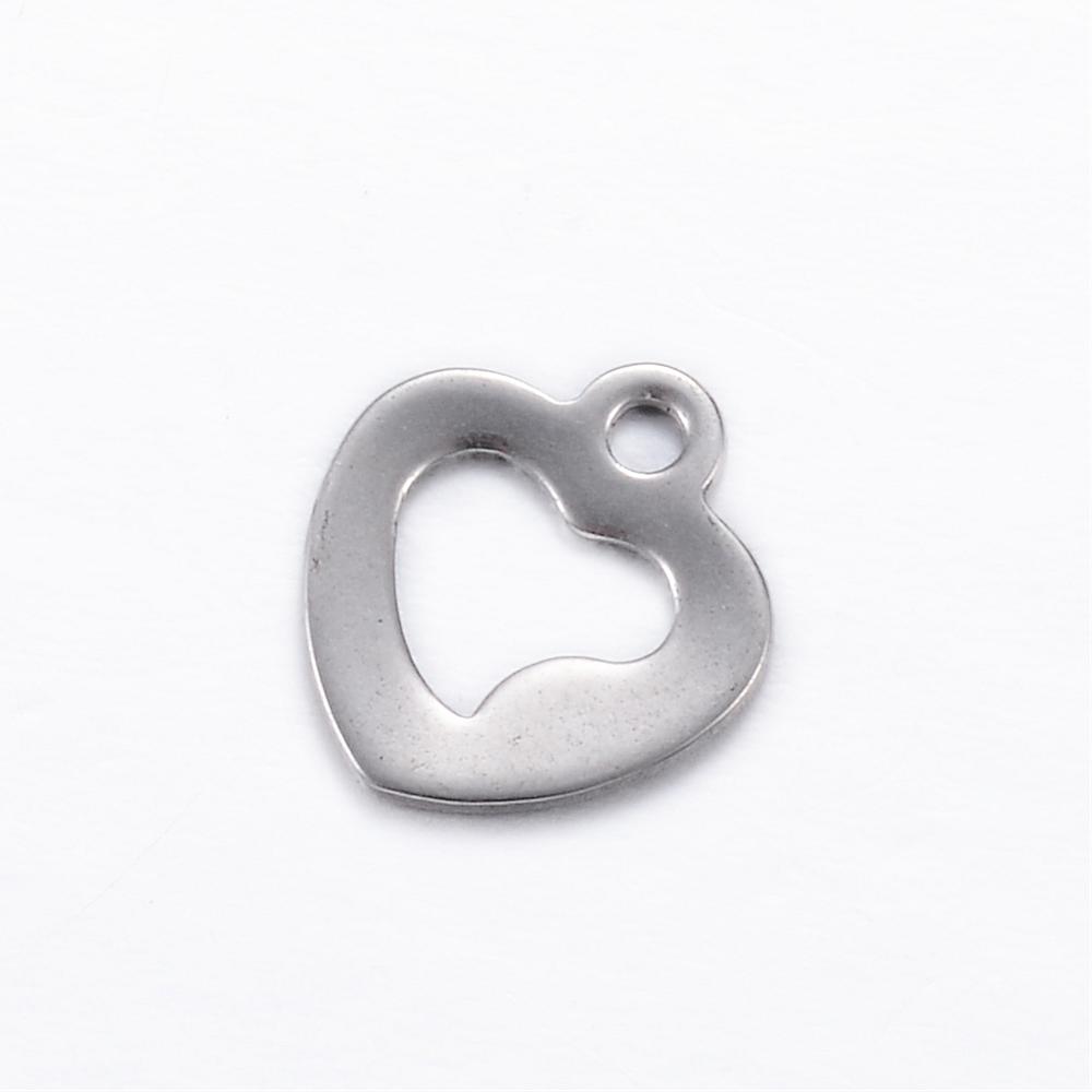 PandaHall 304 Stainless Steel Charms, Heart, Stainless Steel Color, 10.9x9.5x0.8mm, Hole: 1mm Stainless Steel Heart