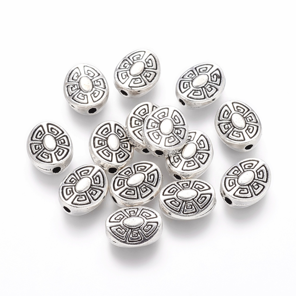 PandaHall Tibetan Silver Beads, Lead Free & Cadmium Free, Oval, Antique Silver, about 11mm long, 9mm wide, 4mm thick, hole: 2mm Alloy Oval