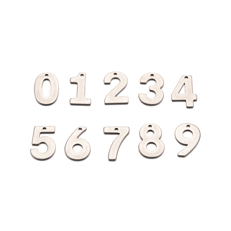 PandaHall Mixed Number 304 Stainless Steel Charms, Stainless Steel Color, 11x6.5~8x0.5~0.8mm, Hole: 1mm Stainless Steel Number