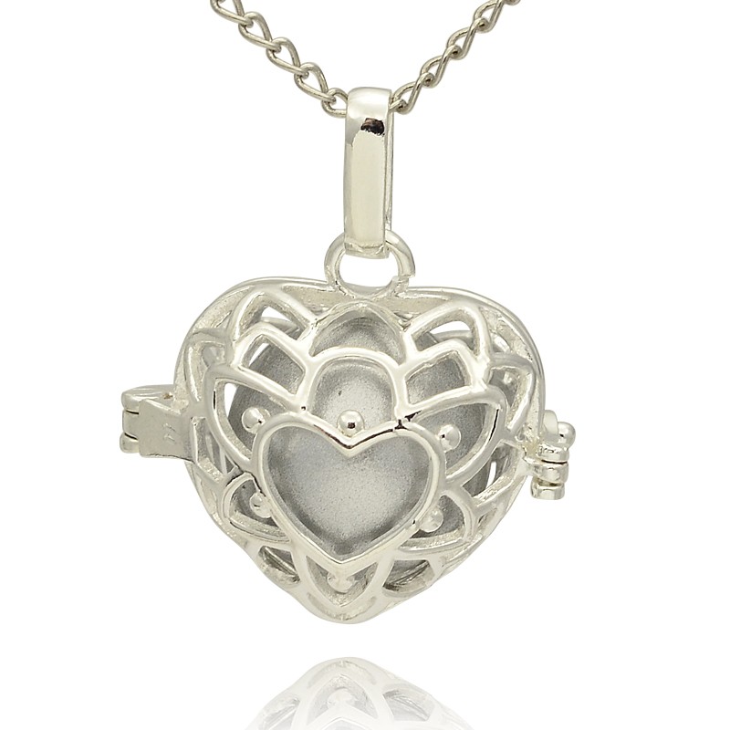 PandaHall Silver Tone Brass Hollow Heart Cage Pendants, with No Hole Spray Painted Brass Round Beads, Silver, 24x26x18mm, Hole: 3x8mm Brass...