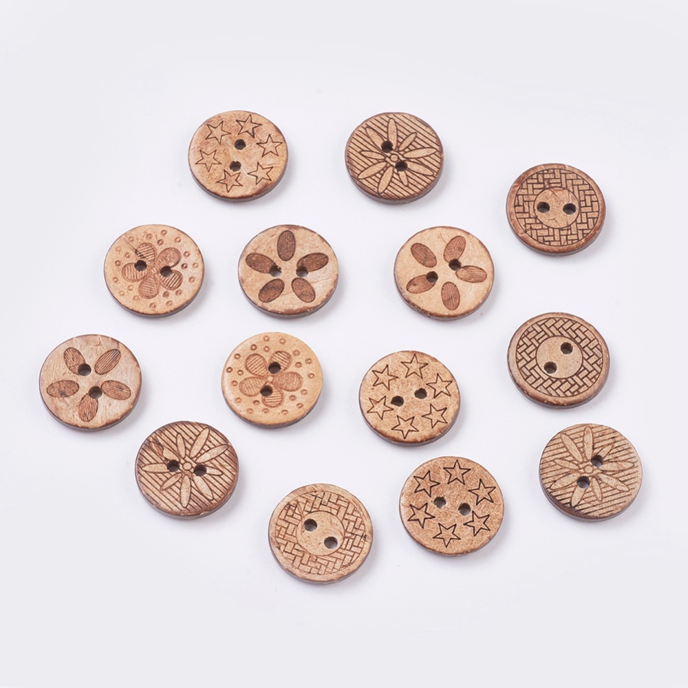 PandaHall Wooden Buttons, 2-Hole, Flat Round, Mixed Pattern, SaddleBrown, 17.5~18x3mm, Hole: 2mm Wood Flat Round Brown