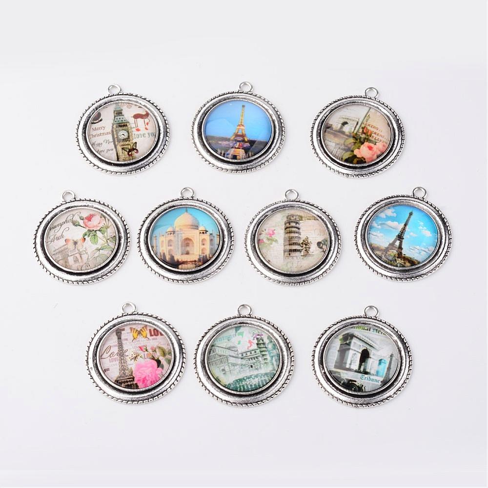 PandaHall Antique Silver Alloy Pendant Cabochon Bezel Settings, and European Style Printed Glass Cabochons, Flat Round, Mixed Color...