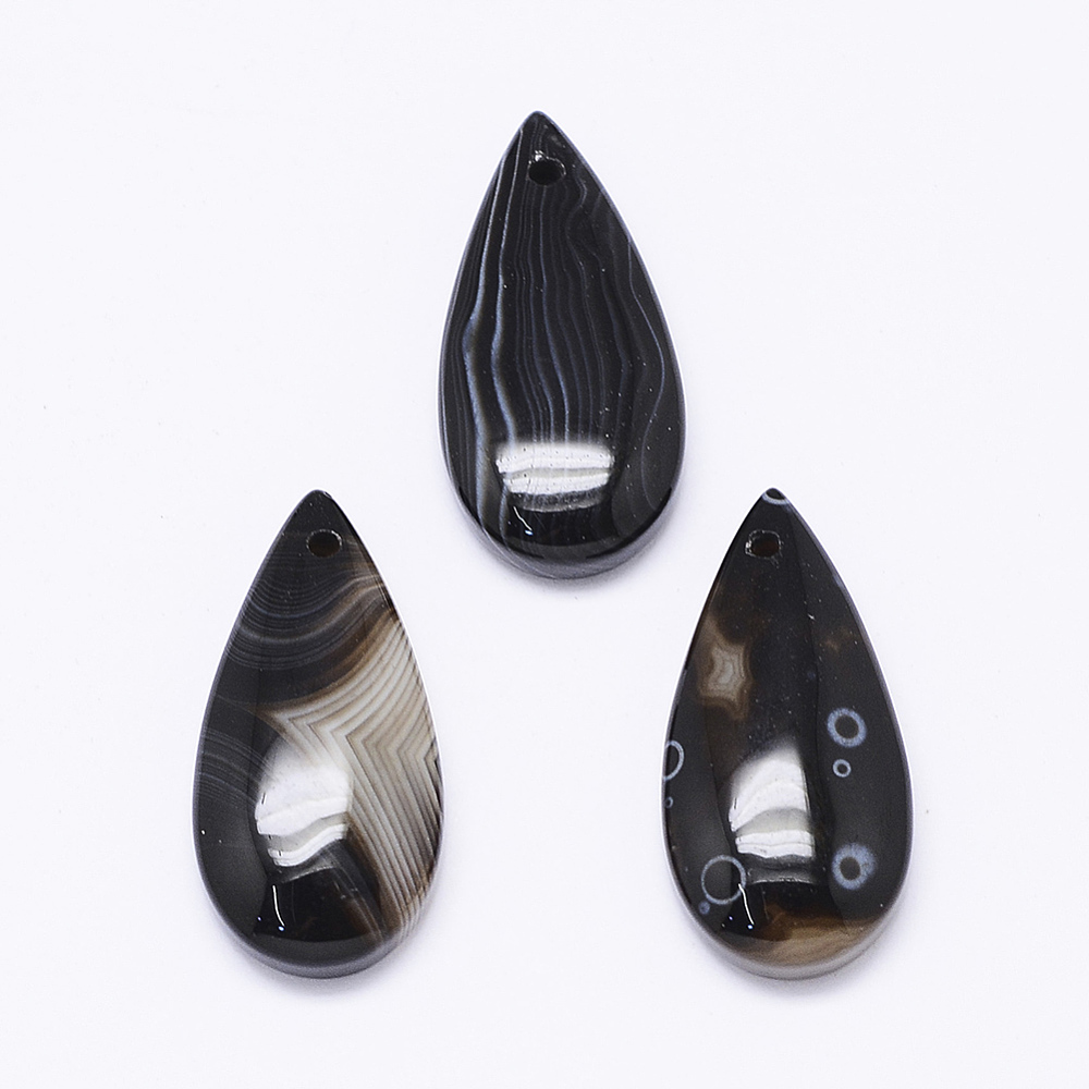 PandaHall Natural Black Agate Pendants, Drop, Dyed, 29~31x14~15x4.5~5.5mm, Hole: 2mm Black Agate Drop Black