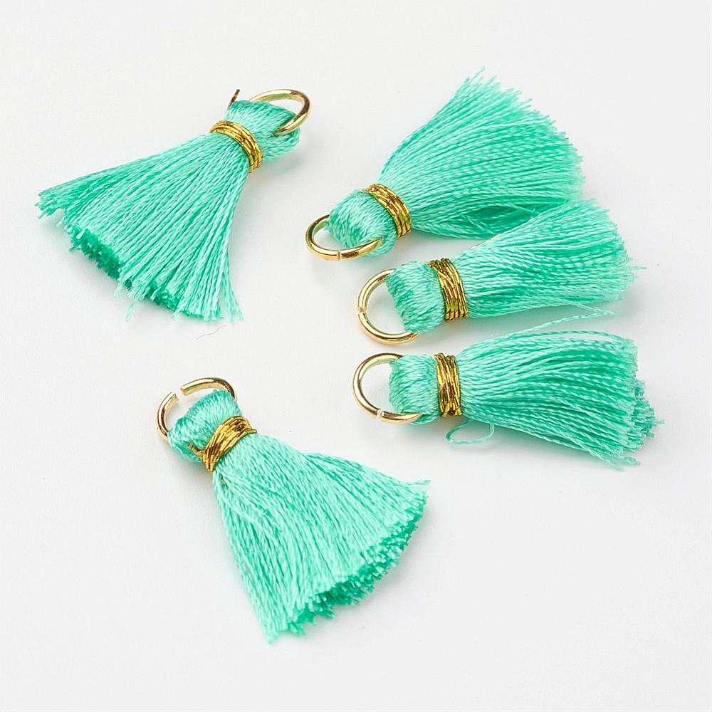 PandaHall Nylon Tassel Pendant Decoration, with Brass Findings, Golden, MediumTurquoise, 23~27x5mm, Hole: 4mm Nylon Cyan