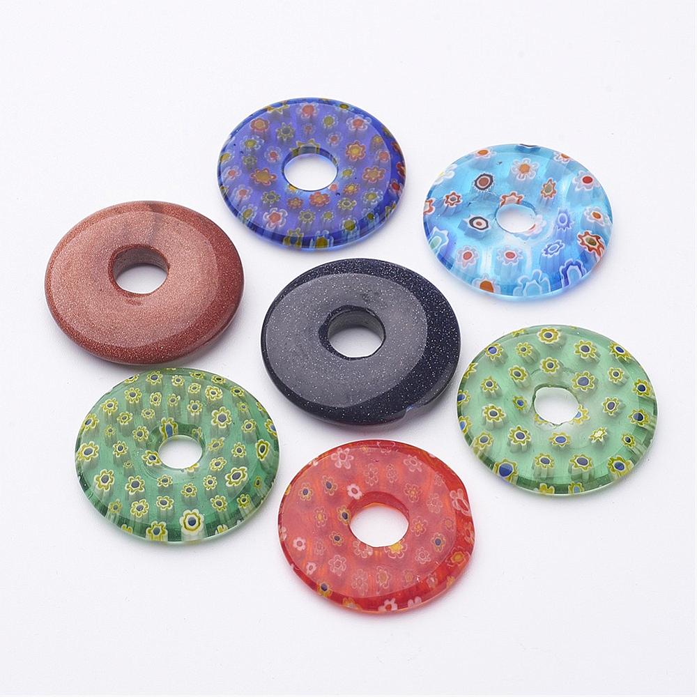 PandaHall Donut/Pi Disc Handmade Millefiori Glass Pendants, Mixed Color, 28~35x4~5mm, Hole: 6~8mm Millefiori Lampwork Donut Multicolor