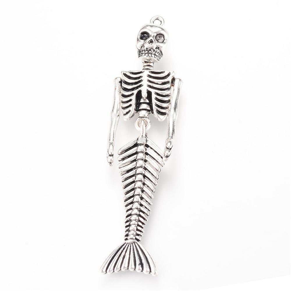 PandaHall Tibetan Style Alloy Big Pendants, Mermaid Skull, Cadmium Free & Lead Free, Antique Silver, 74x19x9mm, Hole: 2mm Alloy Skull
