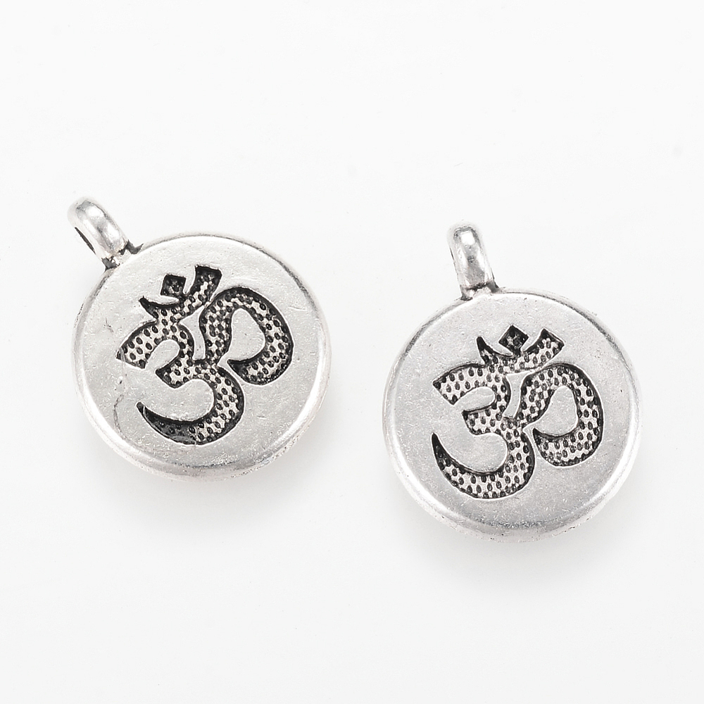 PandaHall Tibetan Style Alloy Pendants, Flat Round with Ohm, Cadmium Free & Nickel Free & Lead Free, Antique Silver, 19x15x4.5mm, Hole: 2mm;...