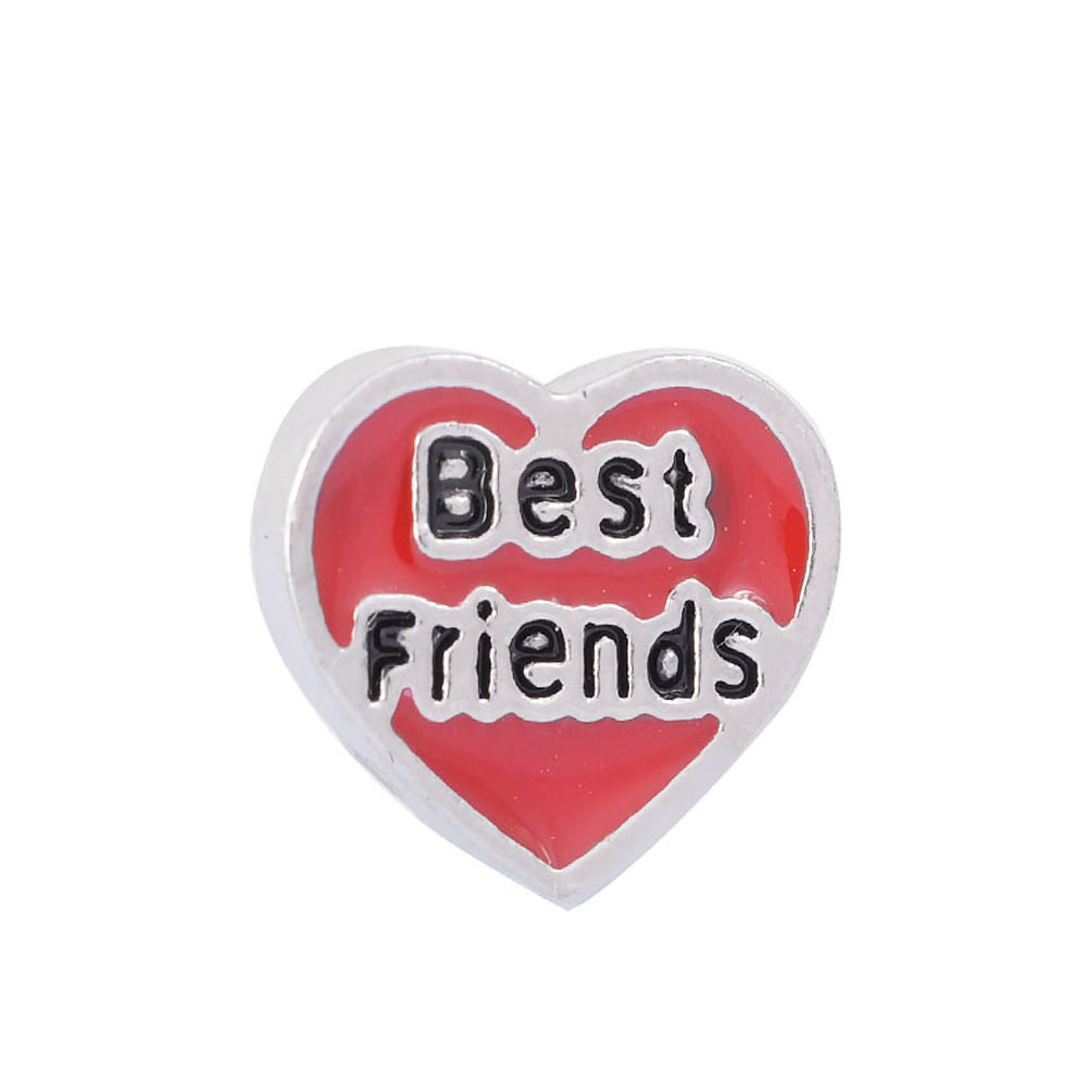 PandaHall Alloy Enamel Cabochons, Floating Locket Charms, Heart with Best Friends, Cerise, 8.1x9.5x2mm Alloy Heart Red