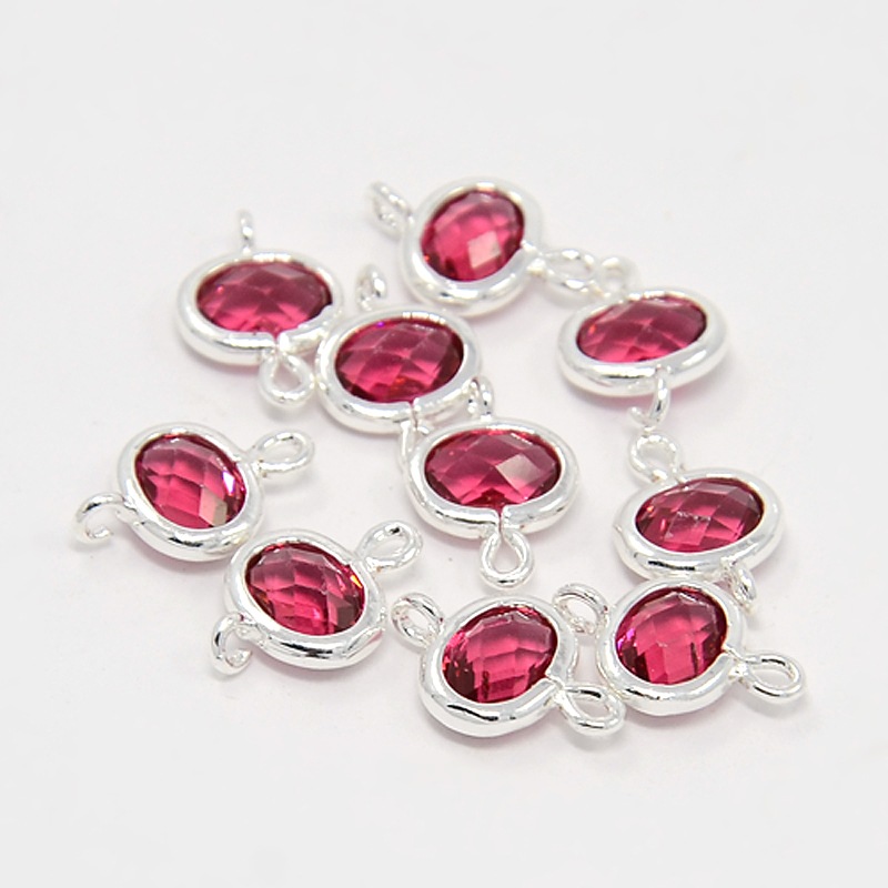 PandaHall Silver Plated Brass Glass Links, Faceted Oval, Cerise, 12x8x3mm, Hole: 1mm Glass Oval Silver