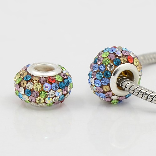 PandaHall Grade A Rhinestone European Beads, Large Hole Beads, Resin, with Silver Color Brass Core, Rondelle, Colorful, 12x8mm, Hole: 4mm...