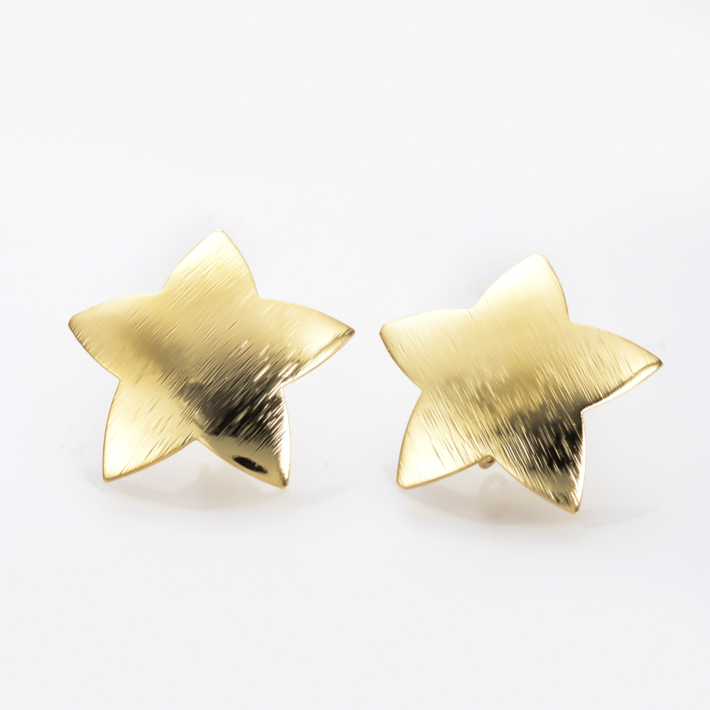 PandaHall Ear Stud Findings, Real Gold Plated, Star, 22x22mm, Hole: 2mm; Pin: 0.8mm Brass