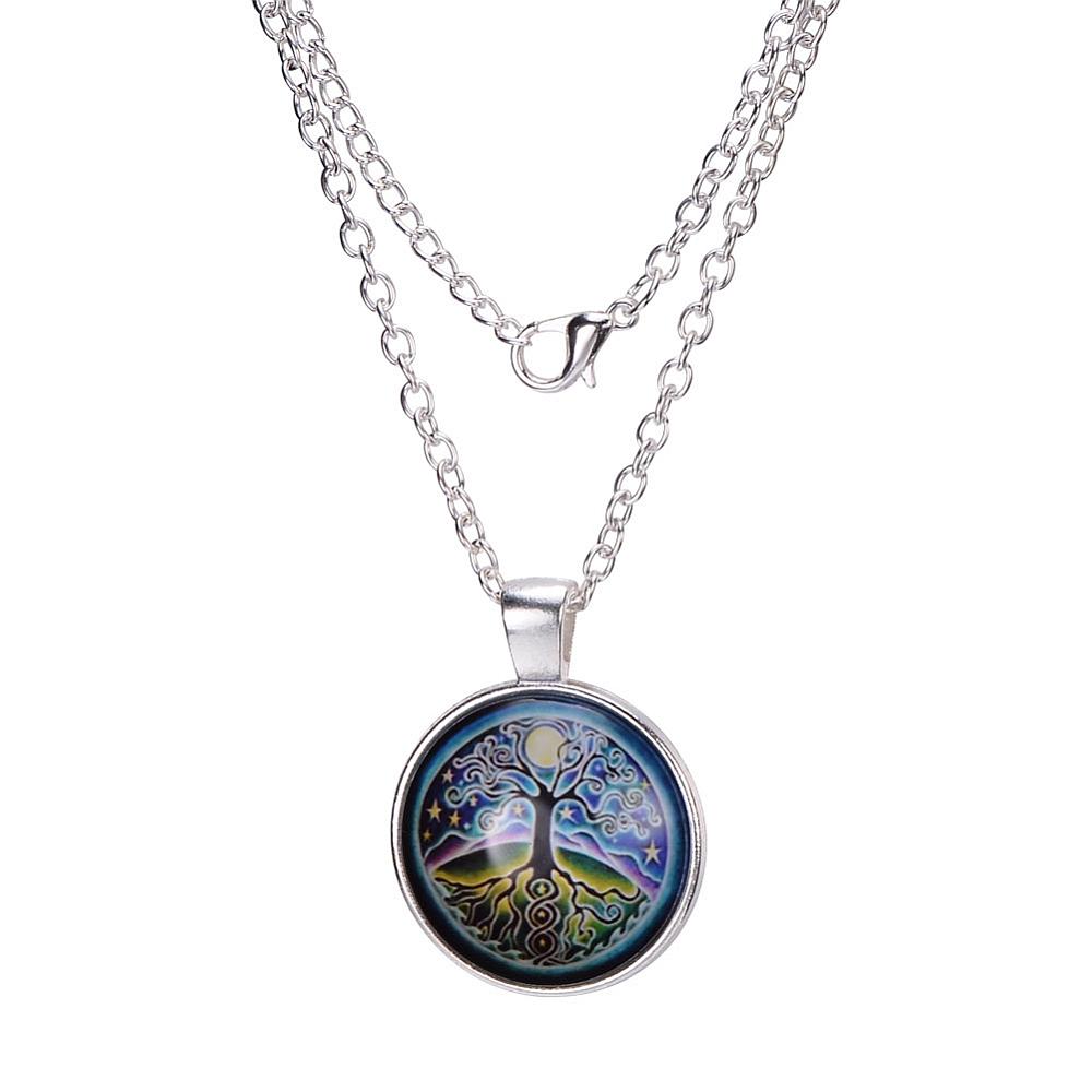 PandaHall Flat Round with Tree Under The Sky of Star & Moon Glass Alloy Pendant Necklaces, Silver, 17.7" Glass Silver