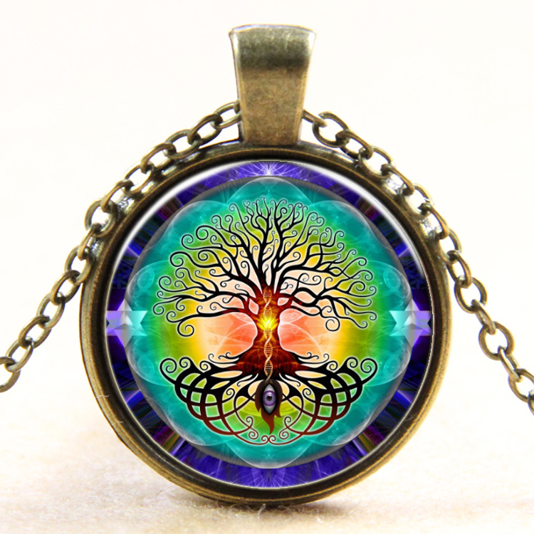 PandaHall Tree Of Life Pattern Flat Round Glass Pendant Necklaces, with Alloy Chains, Antique Bronze, 18" Alloy
