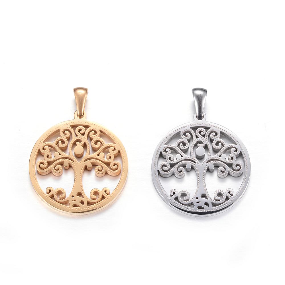 PandaHall 304 Stainless Steel Pendants, Flat Round with Tree of Life, Mixed Color, 27.5x25x2mm, Hole: 7x3mm Stainless Steel Tree Multicolor