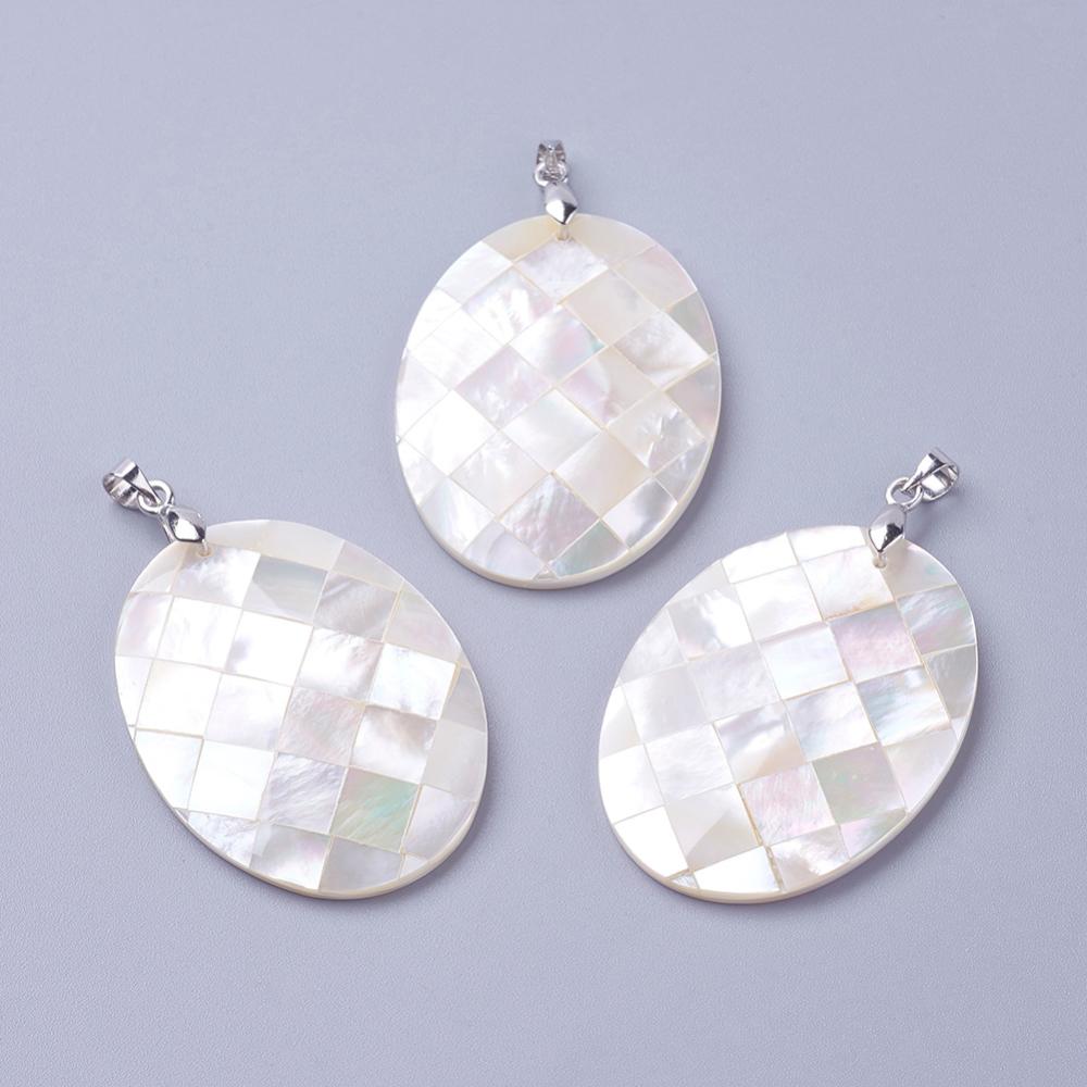 PandaHall Natural White Shell Pendants, with Brass Findings, Oval, Platinum, 40x30x3.5~4.5mm, Hole: 4x4mm White Shell Oval