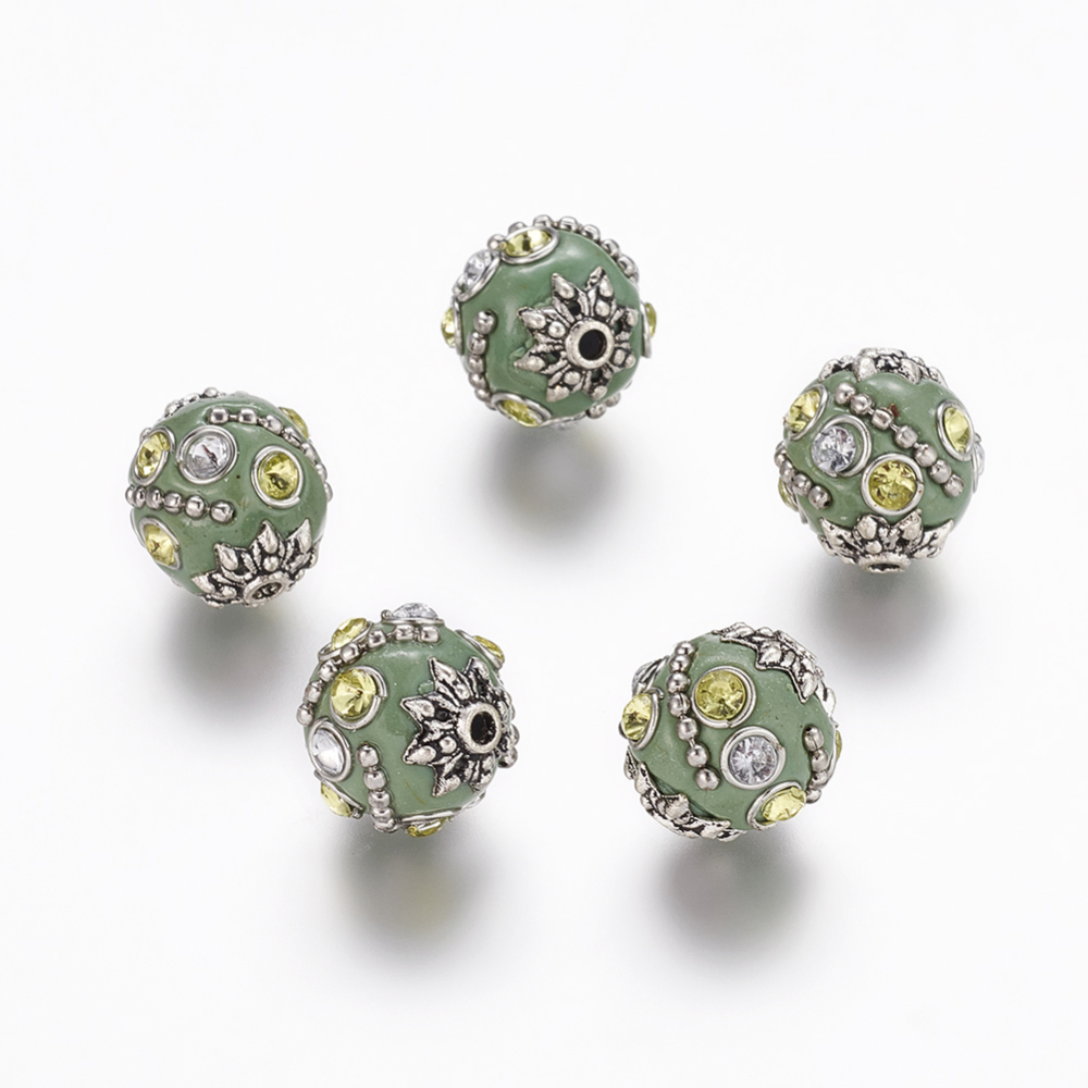 PandaHall Handmade Indonesia Beads, with Alloy Cores, Round, Antique Silver, DarkSeaGreen, 15x14x14mm, Hole: 2mm Polymer Clay Round Green