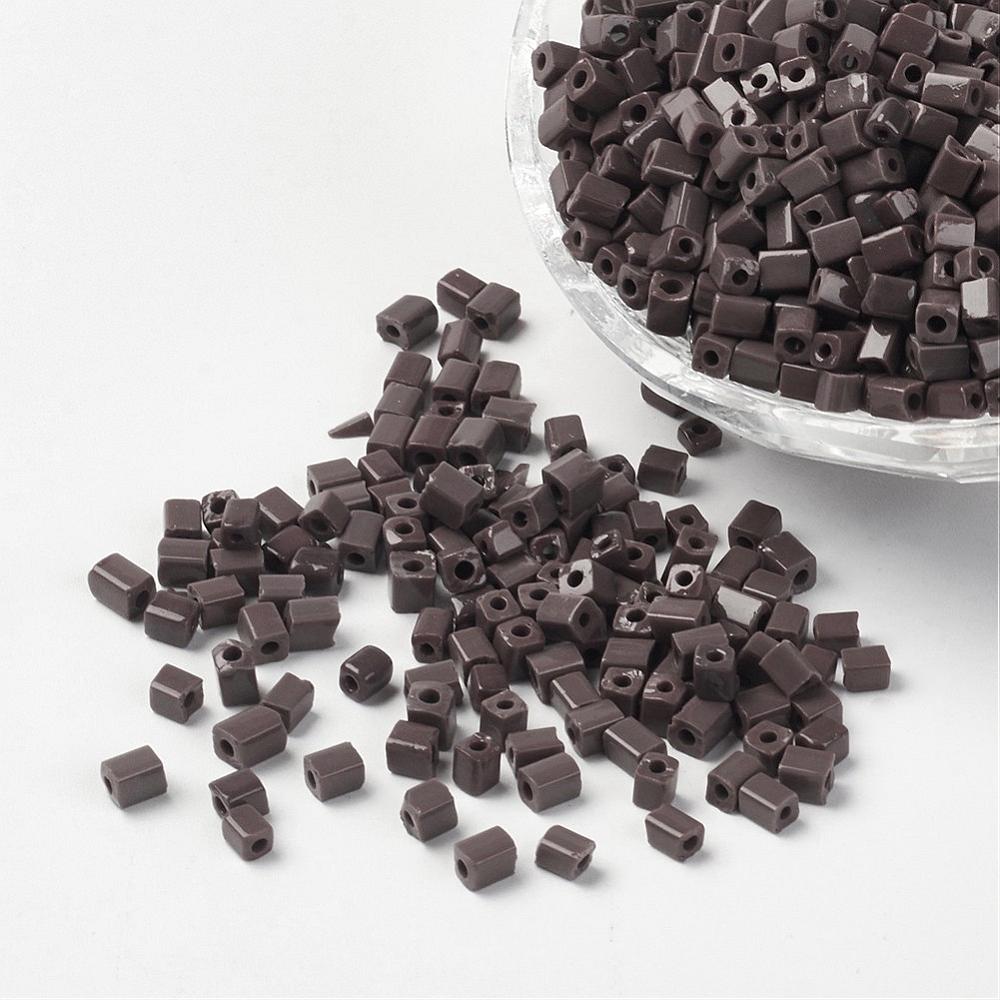 PandaHall Cube Opaque Colours Glass Seed Beads, Round Hole, Sienna, 3~7x3x3mm, Hole: 0.5mm; about 500pcs/50g Glass Cube Brown