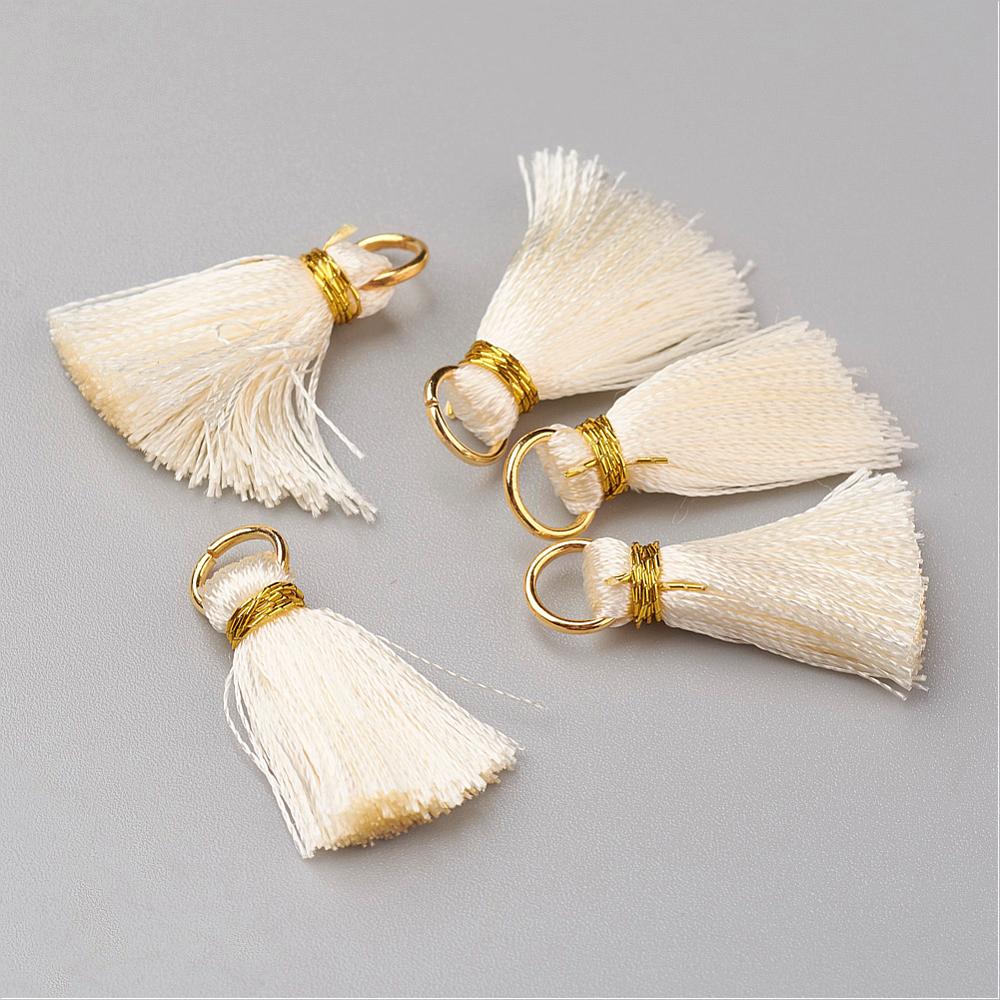 PandaHall Nylon Tassel Pendant Decoration, with Brass Findings, Golden, Beige, 23~27x5mm, Hole: 4mm Nylon Yellow