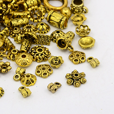 PandaHall Tibetan Style Collection, Mixed Shapes Beads & Pendants, Mixed Size, Antique Golden, 2~50mm Alloy Mixed Shapes
