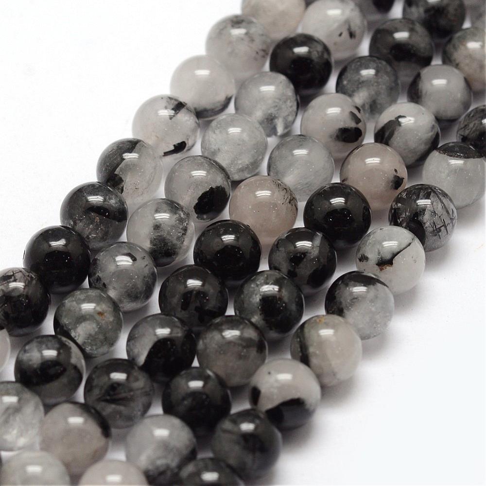 PandaHall Natural Black Rutilated Quartz Bead Strands, Round, 8mm, Hole: 1mm; about 50pcs/strand, 15.7'' Rutilated Quartz Round