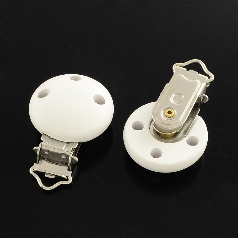 PandaHall Wooden Baby Pacifier Holder Clip with Iron Clasp, Flat Round, Platinum, White, 28x28mm, Hole: 4mm Wood White