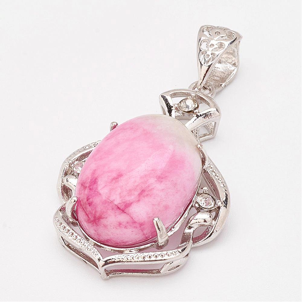 PandaHall Natural Jade Pendants, with Platinum Tone Brass Rhinestone Findings, Oval, 42x28x12mm, Hole: 6x10mm Jade Oval Pink