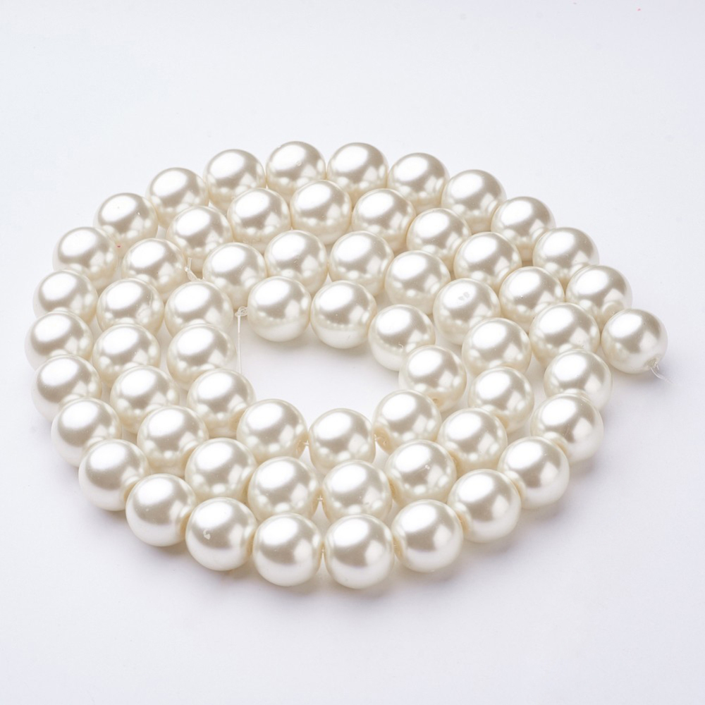 PandaHall Glass Pearl Beads Strands, Pearlized, Round, Ivory, 14mm, Hole: 1mm; about 62pcs/strand, 32" Round Ivory